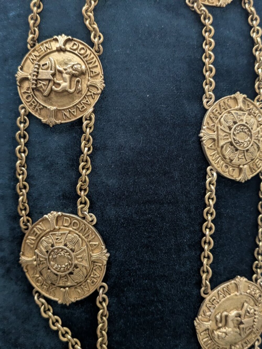 Vintage Donna Karan New York Brass Medallion Chain Belt-As Is/Repair Needed.